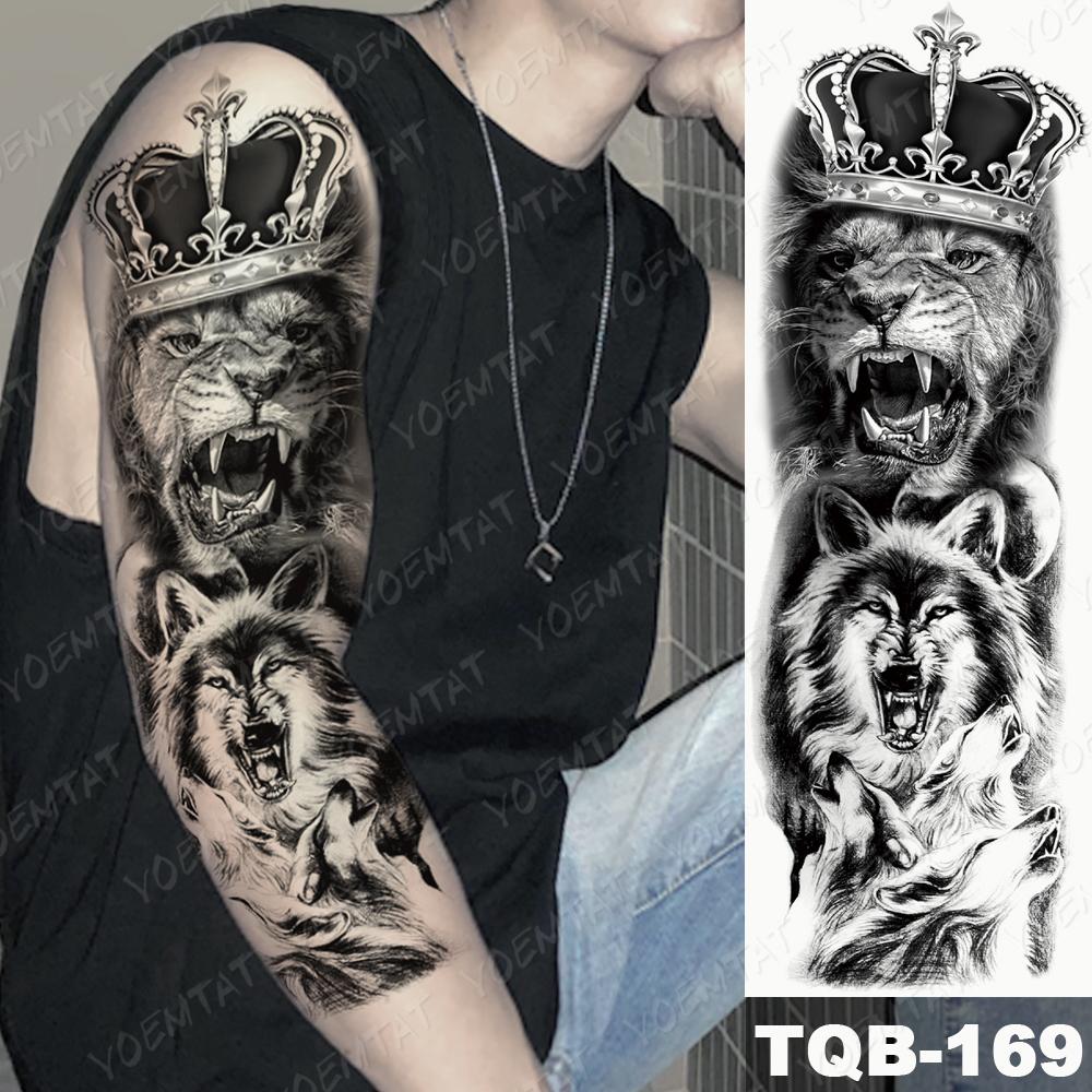 king lion and wolf - large size temporary tattoo water transfer sticker body art